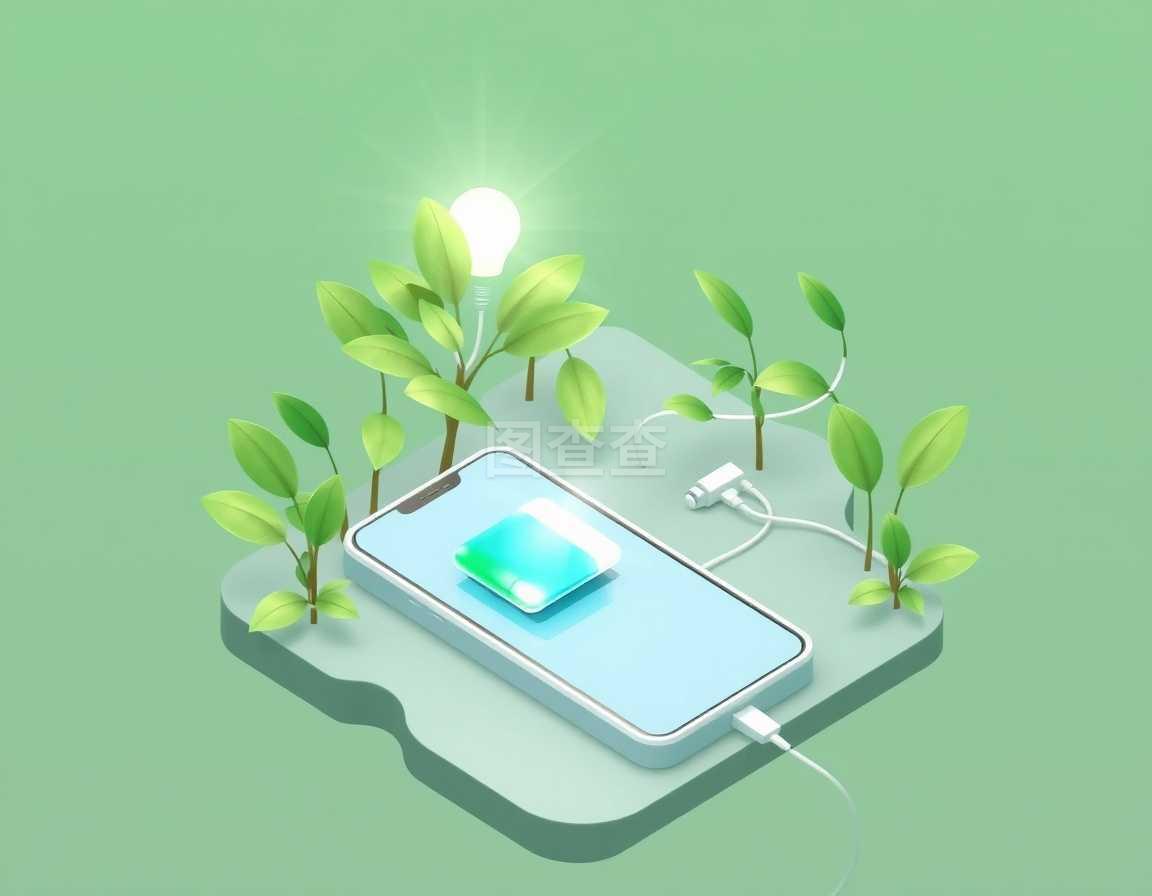 利用植物進行光合作用的智能手機電池充電的綠色能源等距組成作為電源矢量圖示。